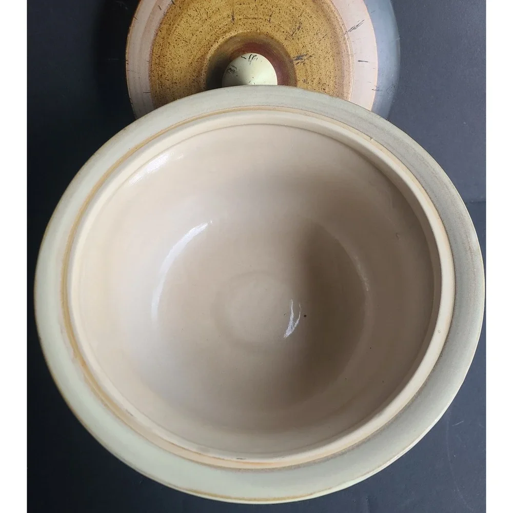 Vintage Studio Art Pottery Lidded Pedestal Bowl Earth Tone Striped‎ Ceramic Dish